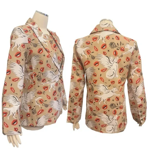 LAS SURENAS Wolf Kisses Lip Amore Print Single Button Linen Loose Fit Blazer - Picture 14 of 16